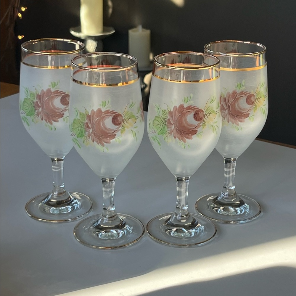 VTG Interpur blown glass wine stemware signed by artist pattern INZ1, gold trim
